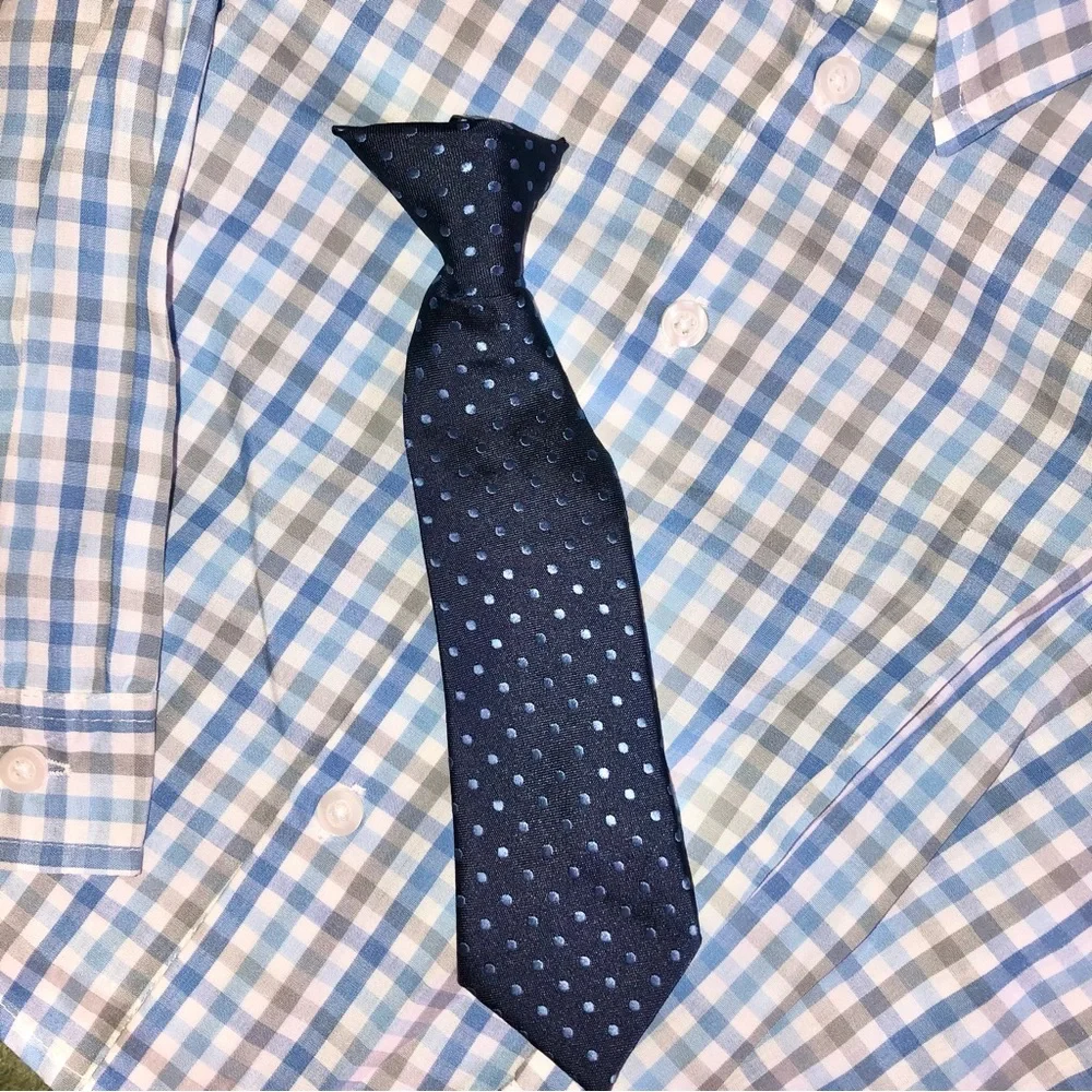 Nautica Long Sleeve Shirt 3T Blue Green Check & Clip Navy Dotted Tie 3T